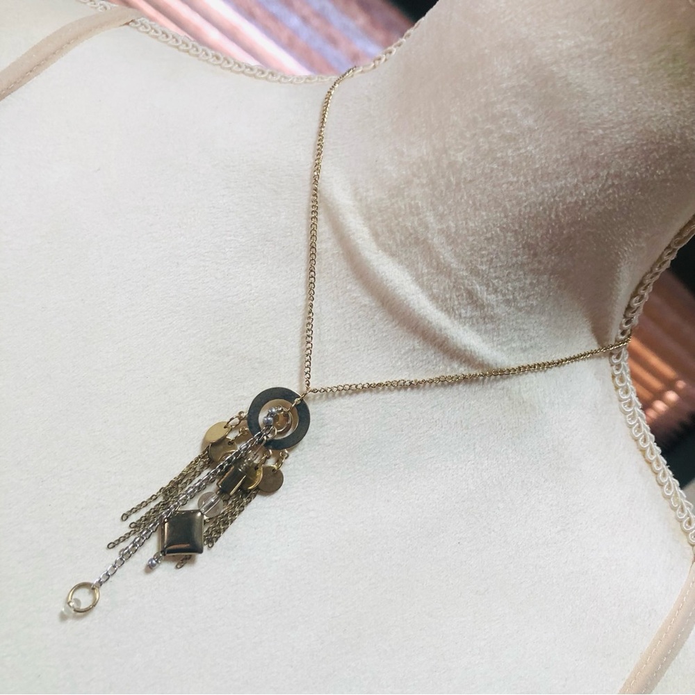 Hand crafted fancy glass gold fringe pendant on chain necklace